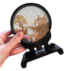 Vtg Round Japanese Hand Carved Cork Pagoda Cranes Lacquer 4" W x 5 1/2" H